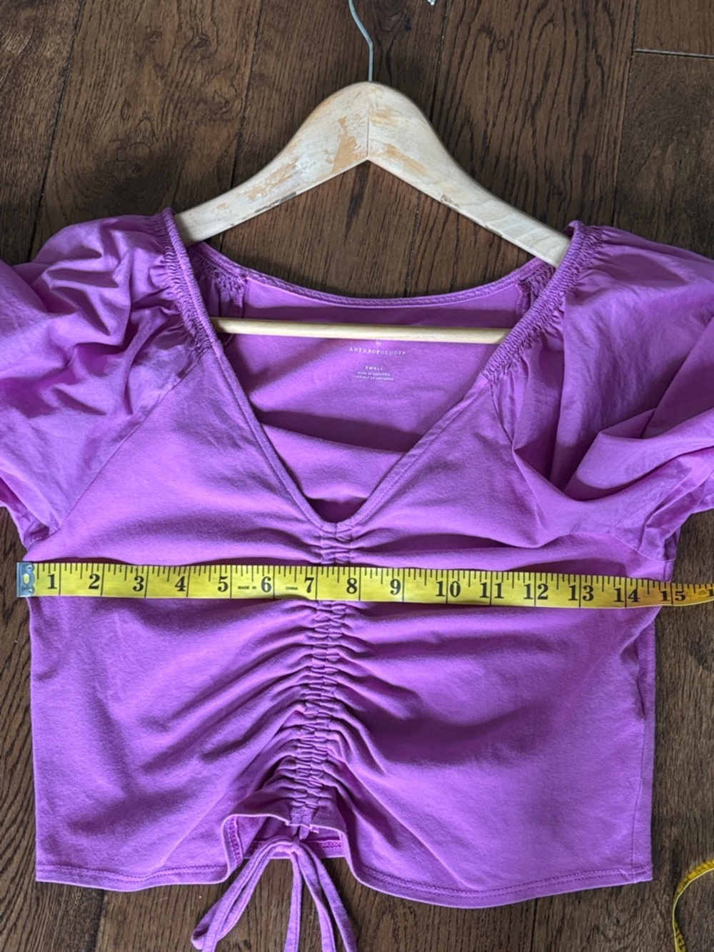 Anthropologie Maeve Magenta Ruched Drawstring V-Neck Crop Top Flutter Sleeve Sm - Picture 3 of 10